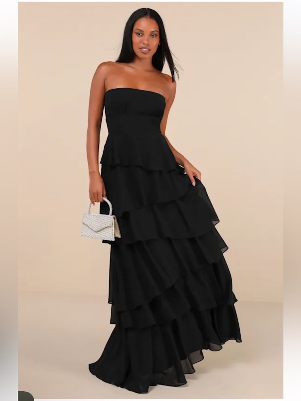 NWT Lulus Gorgeous Essence Black Strapless Tiered Maxi Dress